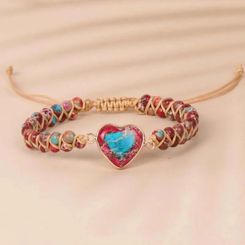 Adjustable boho bracelet with vibrant gemstone heart