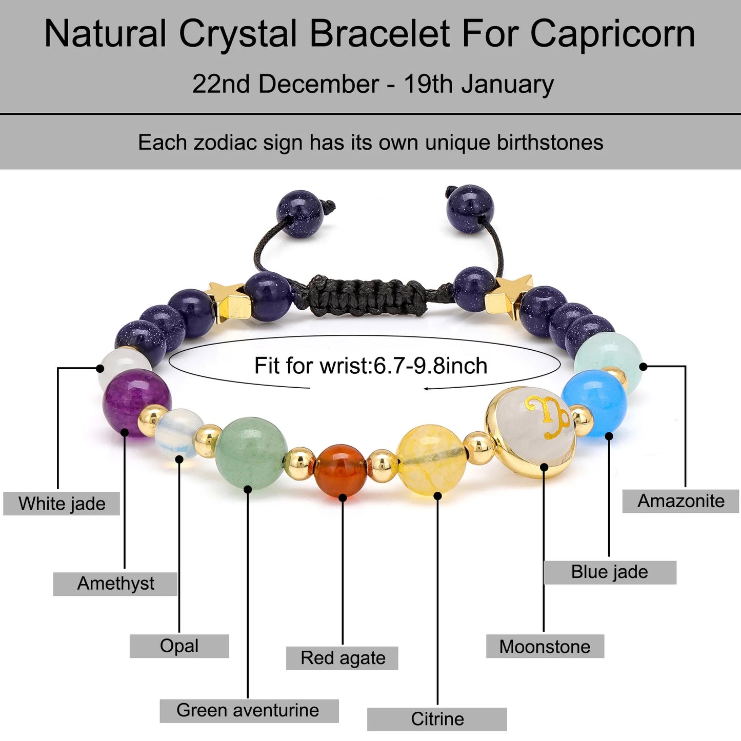 Adjustable braided bracelet with Virgo Capricorn charm.