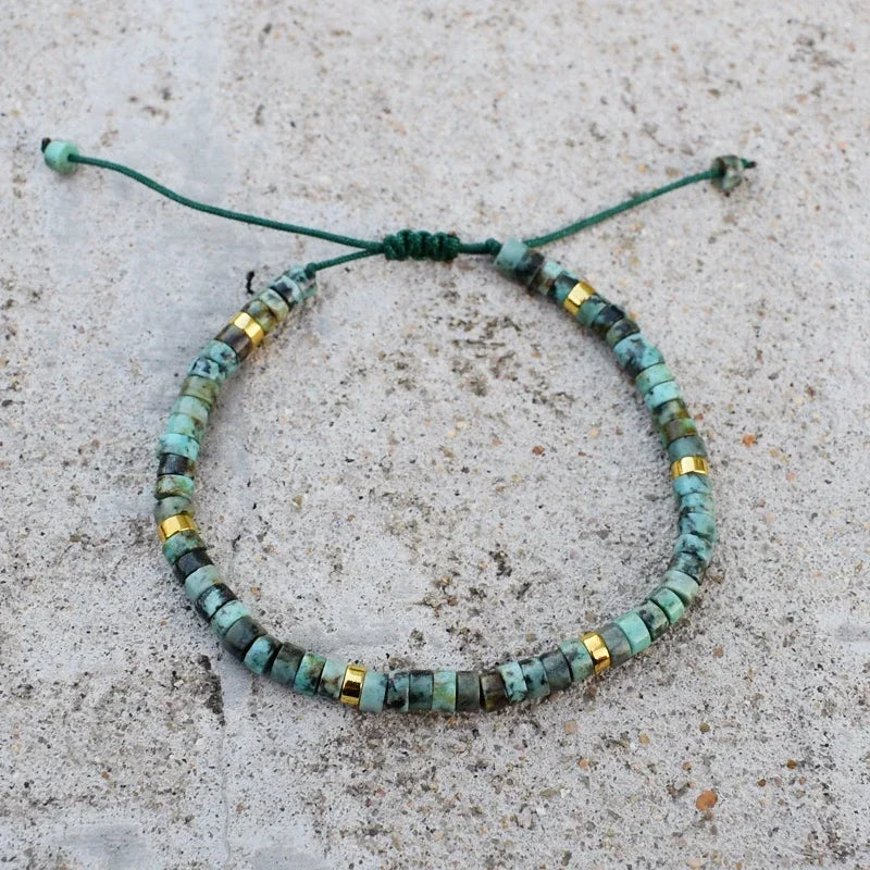 Adjustable lace-up braided bracelet featuring African turquoise stones