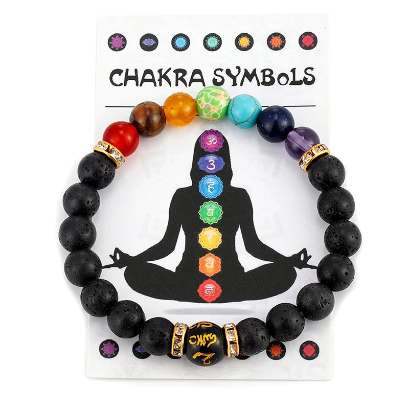 "Adjustable unisex chakra bracelet with black rope chain"