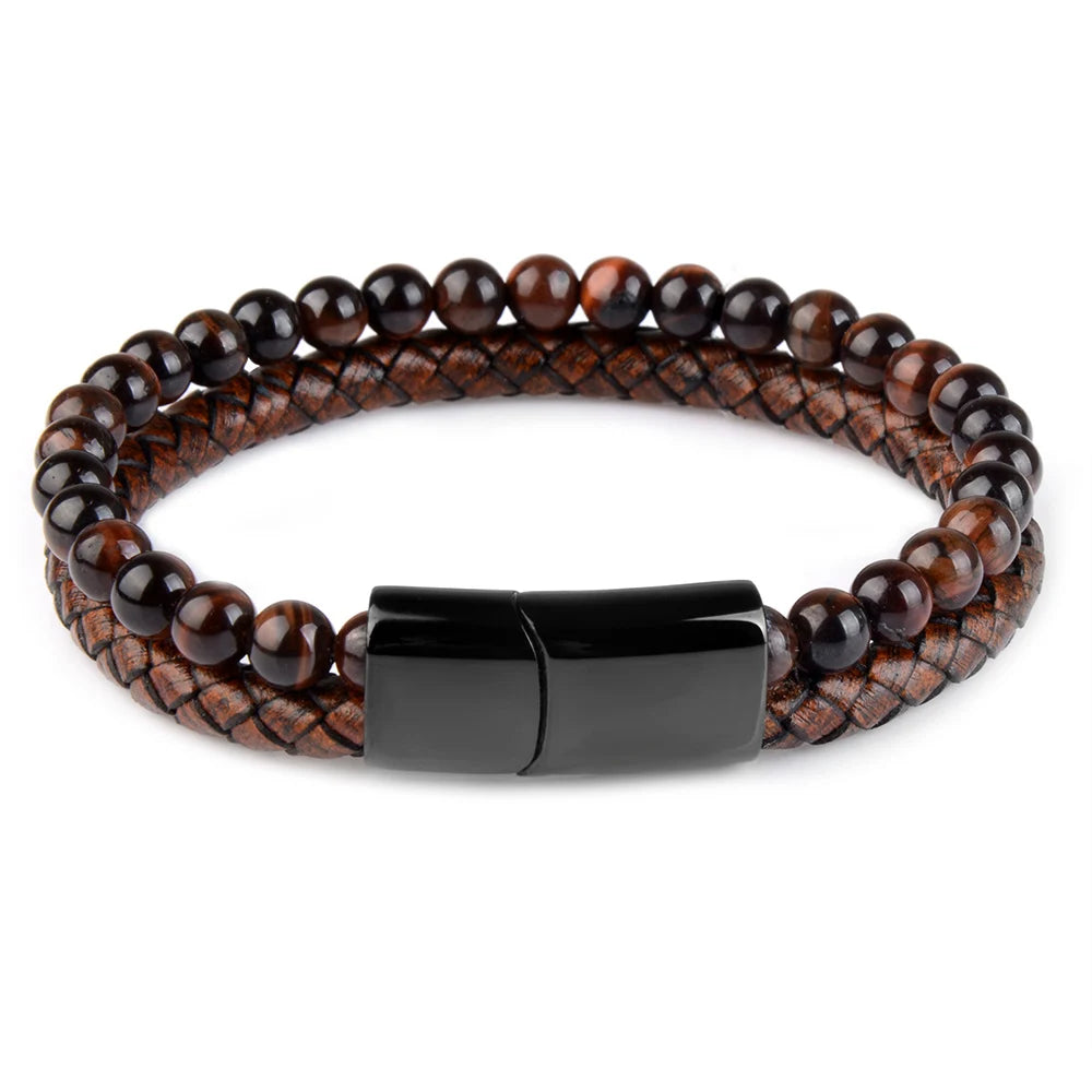 Artistic tiger eye stone bracelet laid on wooden surface