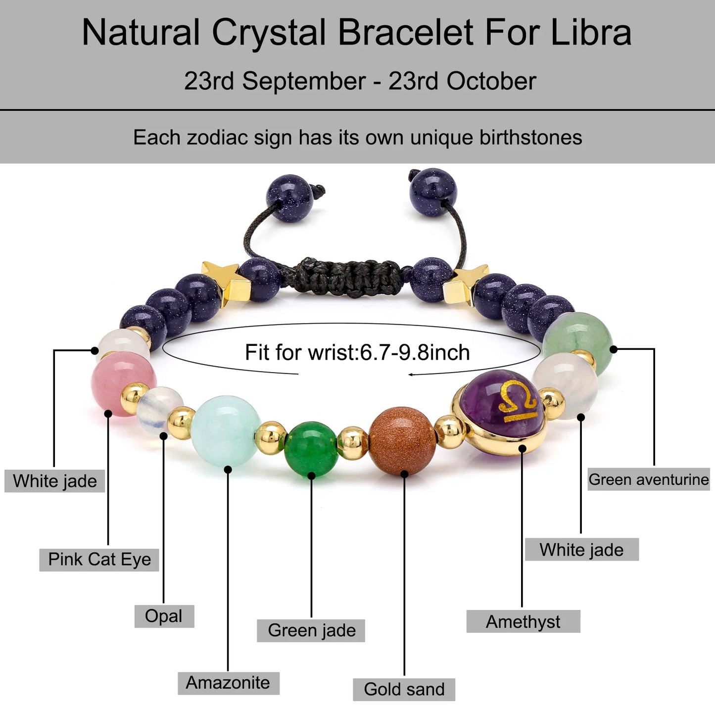 Astrology-inspired unisex Libra bracelet with an adjustable clasp.
