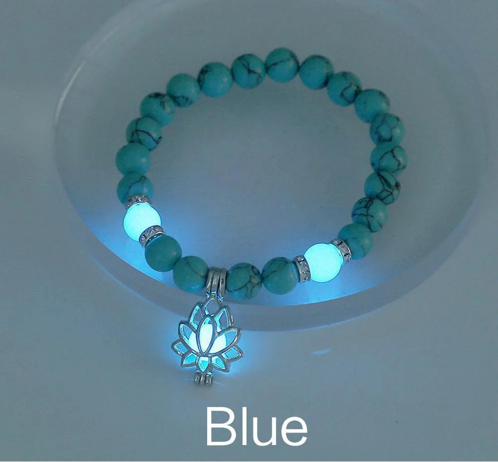 Beaded bracelet glowing under UV light