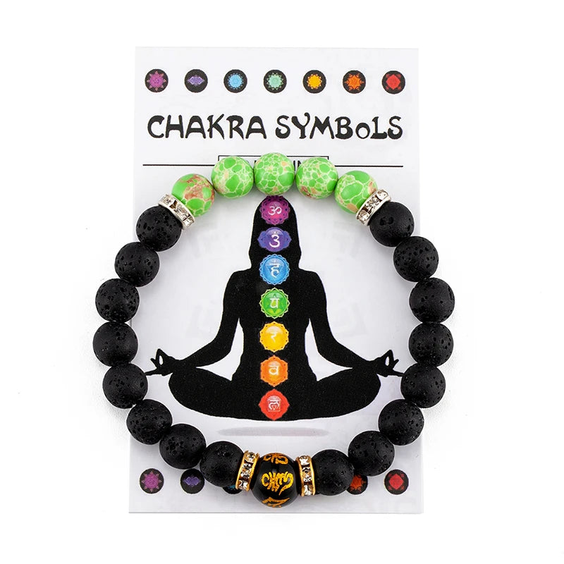 "Black braided chakra bracelet featuring 7 energy stones"