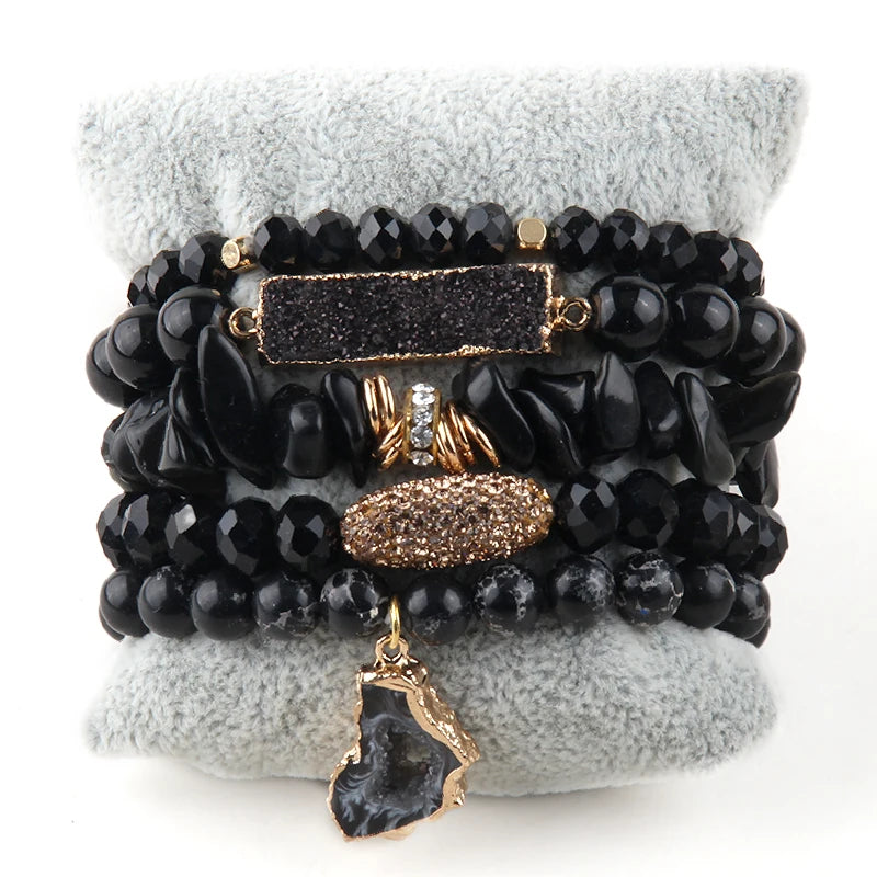 Black minimalist gemstone bracelet set with face charm