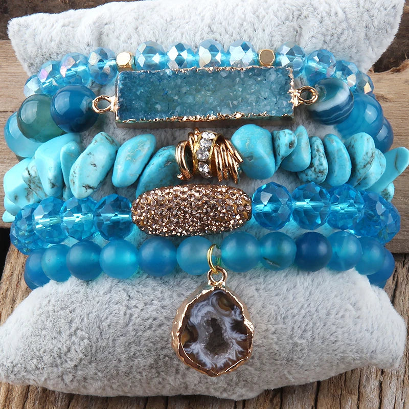 Blue crystal bracelet stack with druzy stone centerpiece