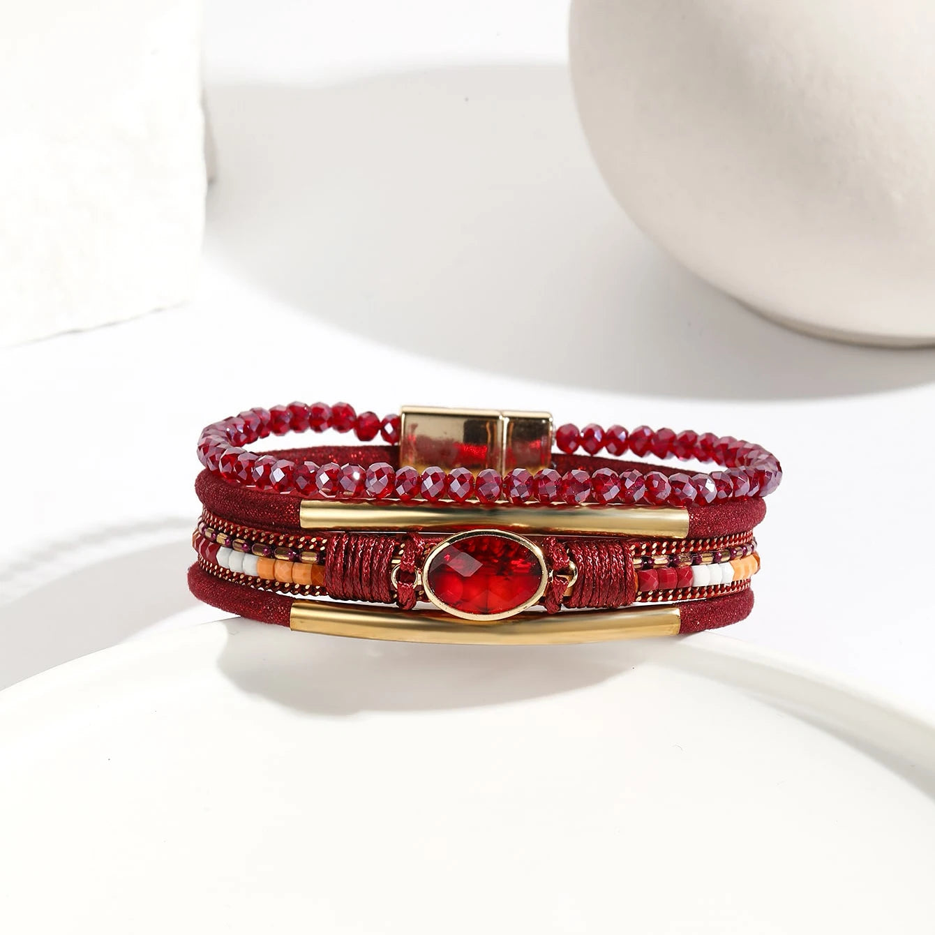 Boho cuff bracelet with colorful beads and metallic shine