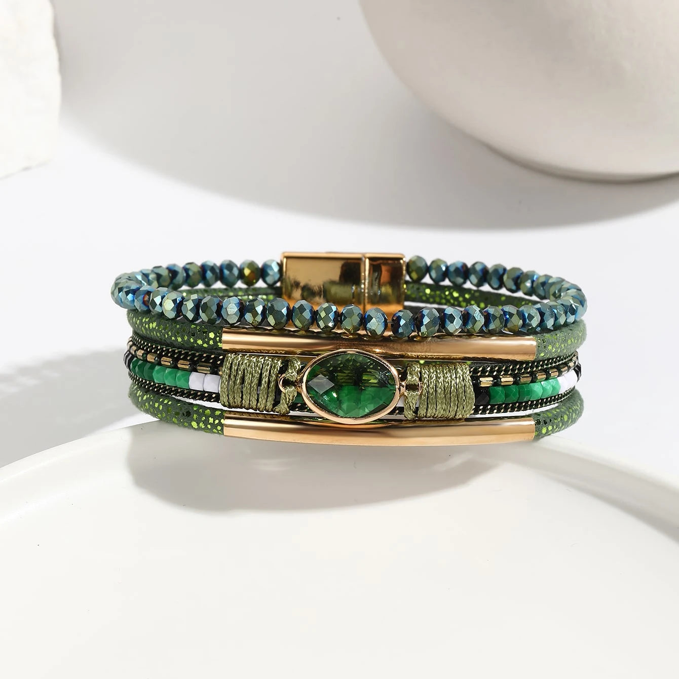 Boho leather wrap bracelet with crystal charm and magnetic clasp
