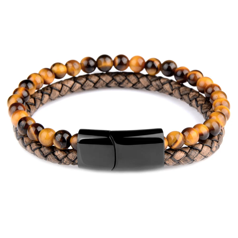 Bold lava and Tiger eye2 stone and dark leather combo bracelet