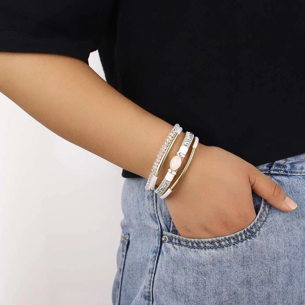Bracelet collection with leather and stone accents