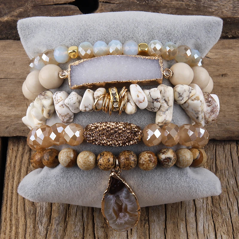 Brown and copper multi-strand bracelet set with crystal charms