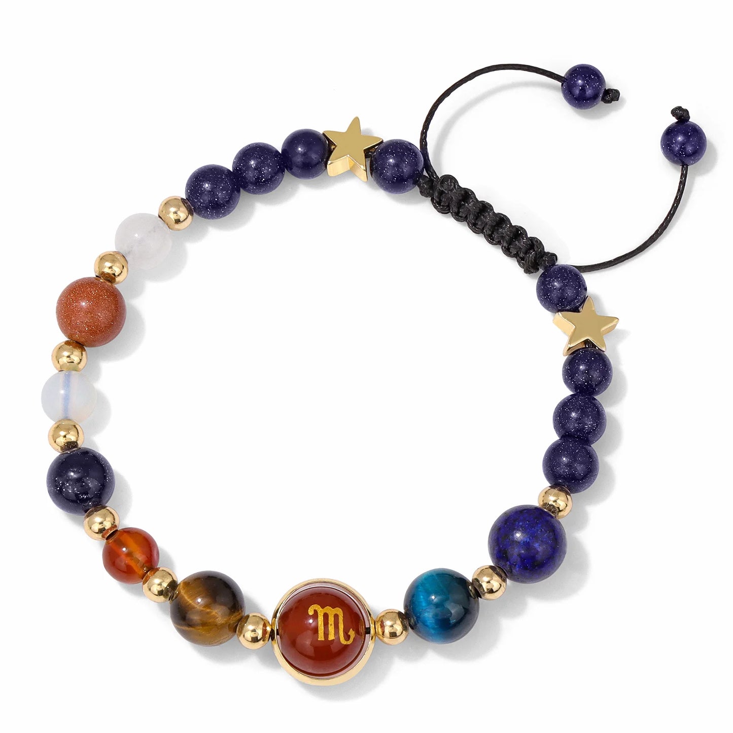Celestial-themed bracelet with zodiac charms and chakra stones.