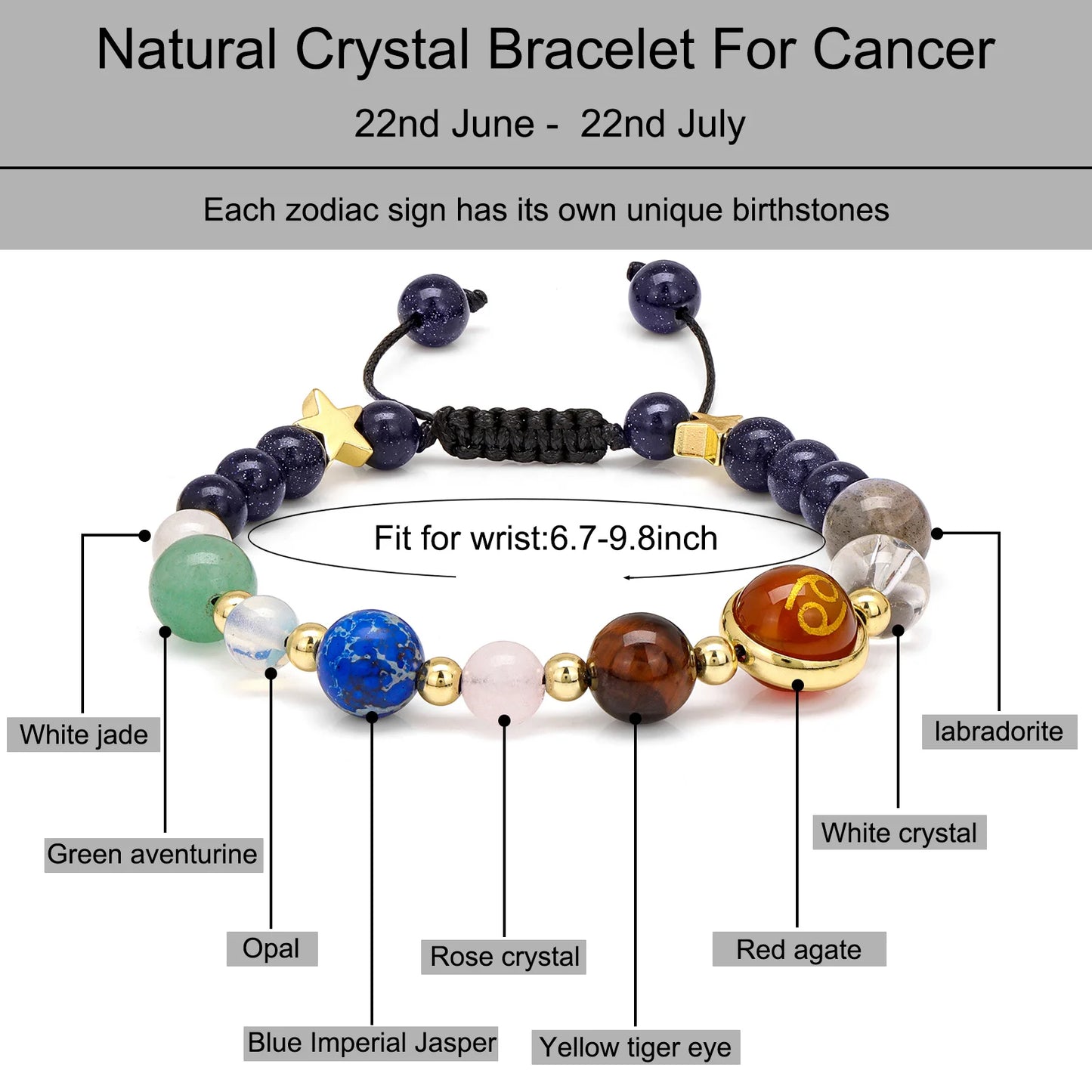 Chakra healing bracelet with Cancer zodiac stone beads.