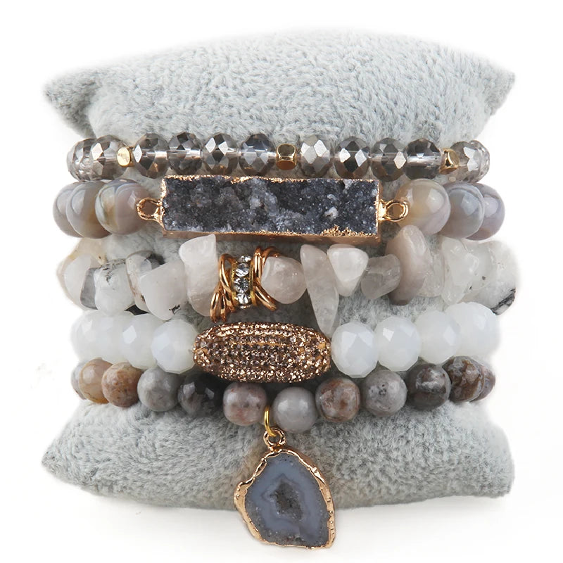 Chic gray and white gemstone bracelet combination