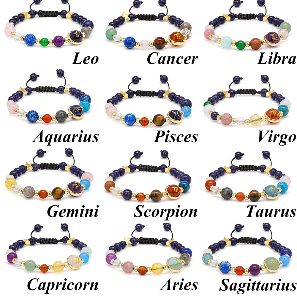 Close-up of a Virgo zodiac bracelet with natural stone beads.