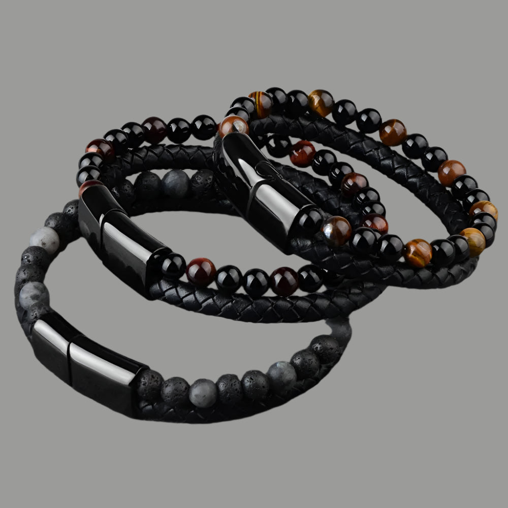 Close-up of lava stone and leather braided bracelet for men