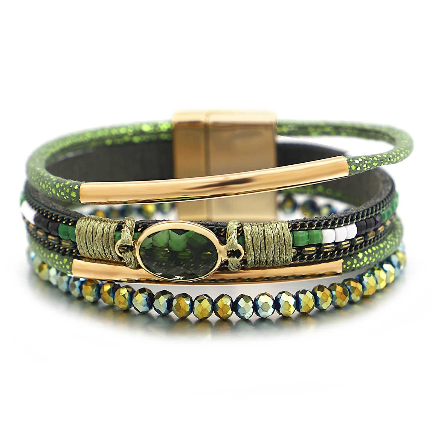 Close-up of rhinestone details on leather cuff bracelet