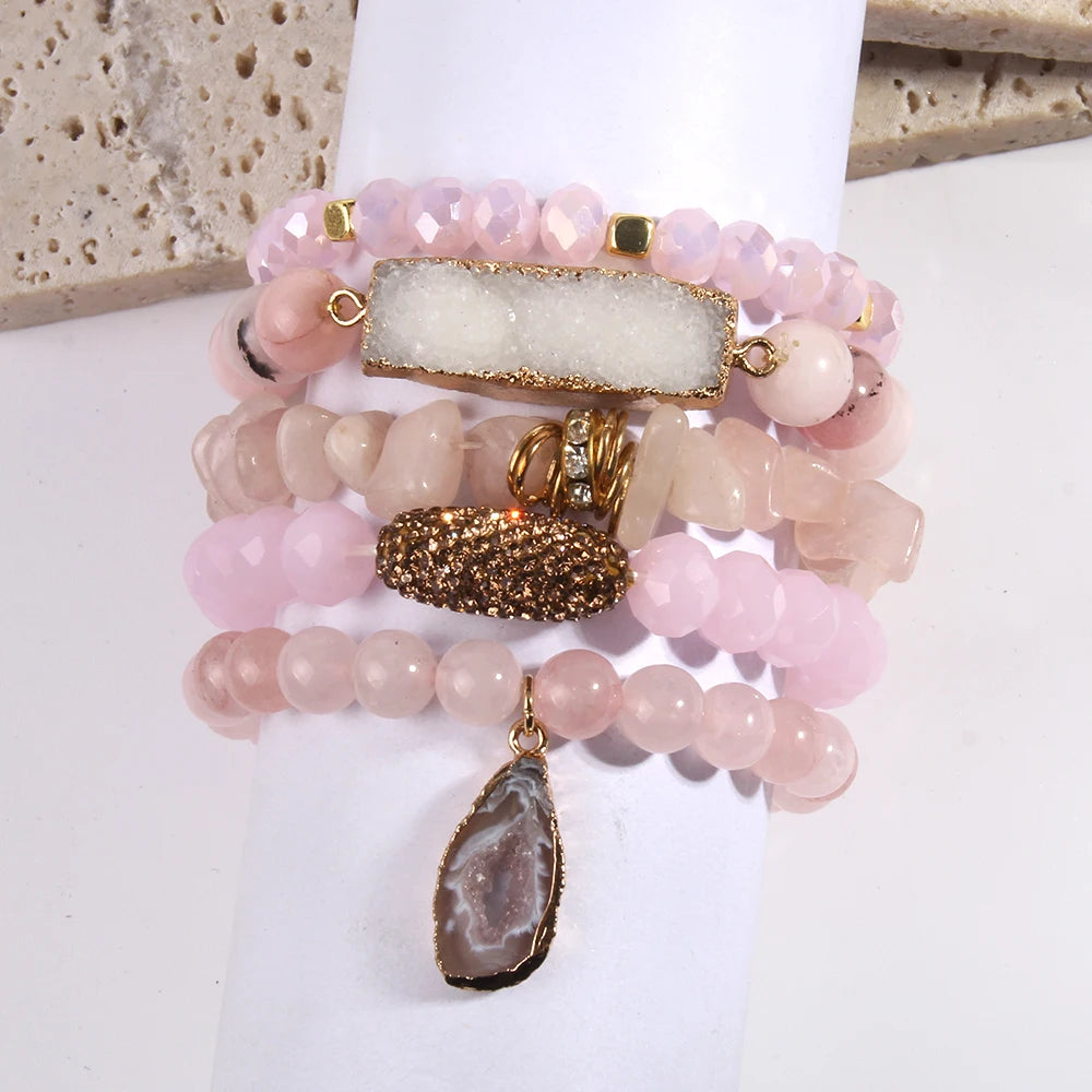 Close-up of semi-precious stone bracelet with tension setting