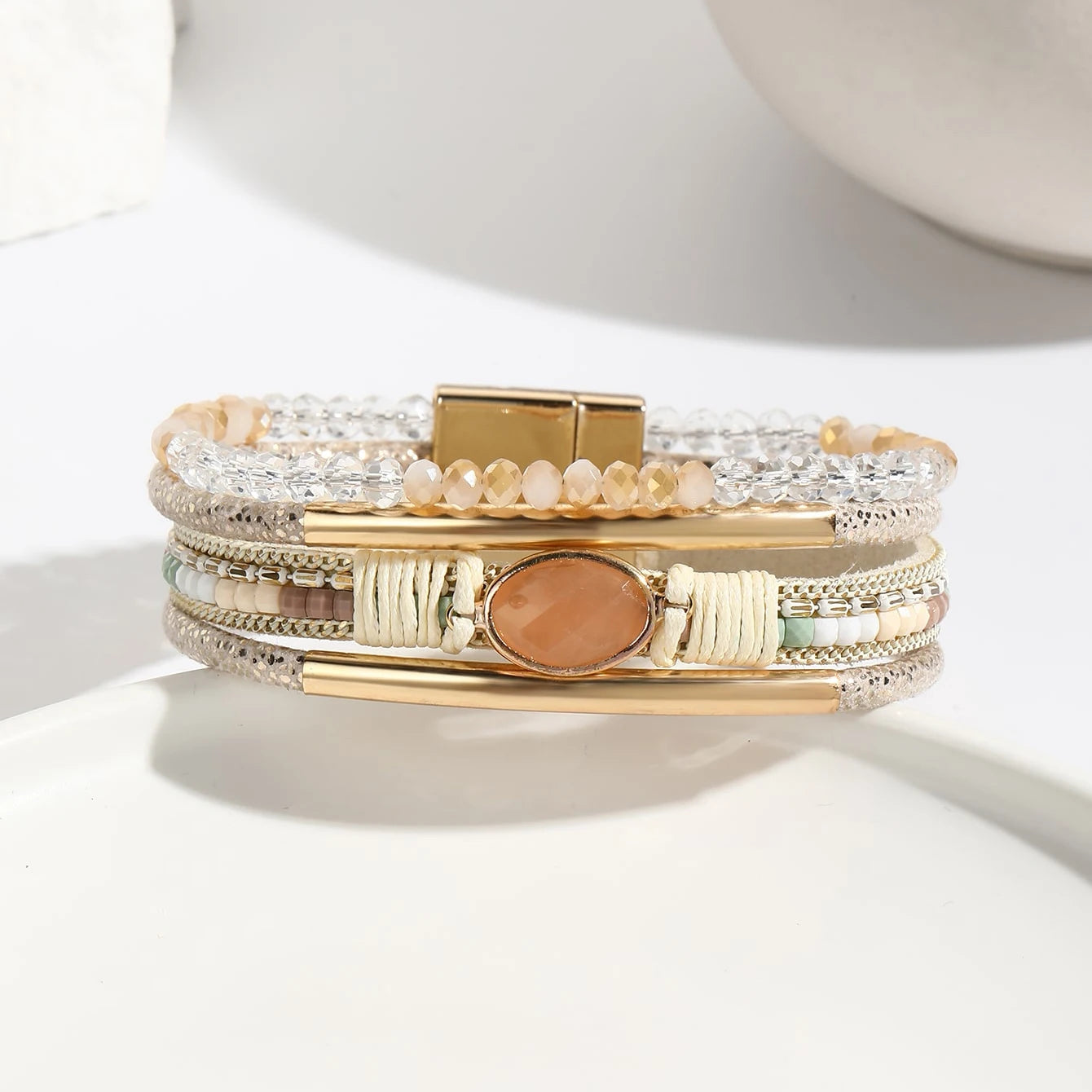Close-up of stitching and crystal placement on bracelet