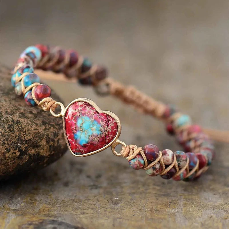 Colorful gemstone bracelet with love heart charm