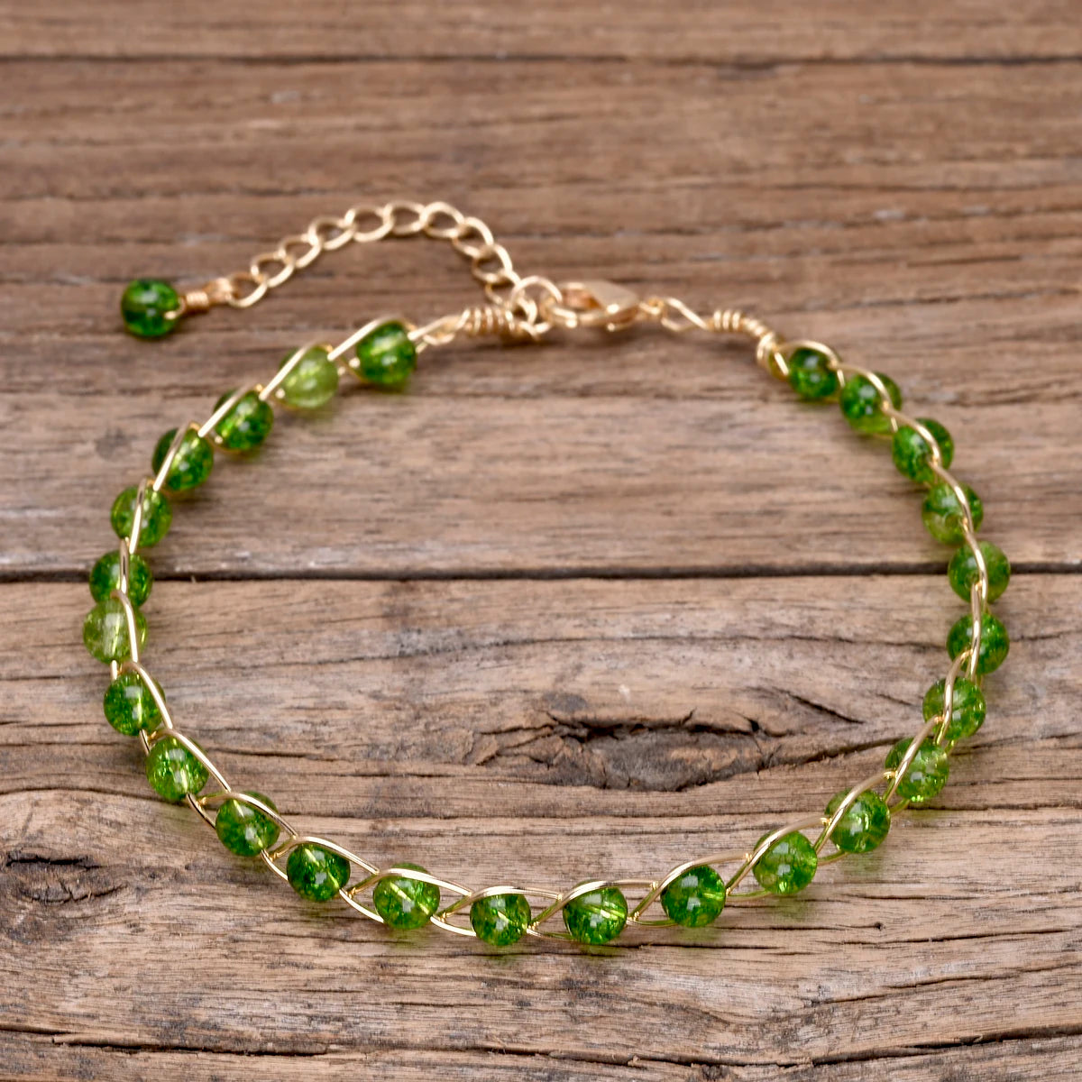 Copper wire wrap bracelet in healing stone colors- Peridots