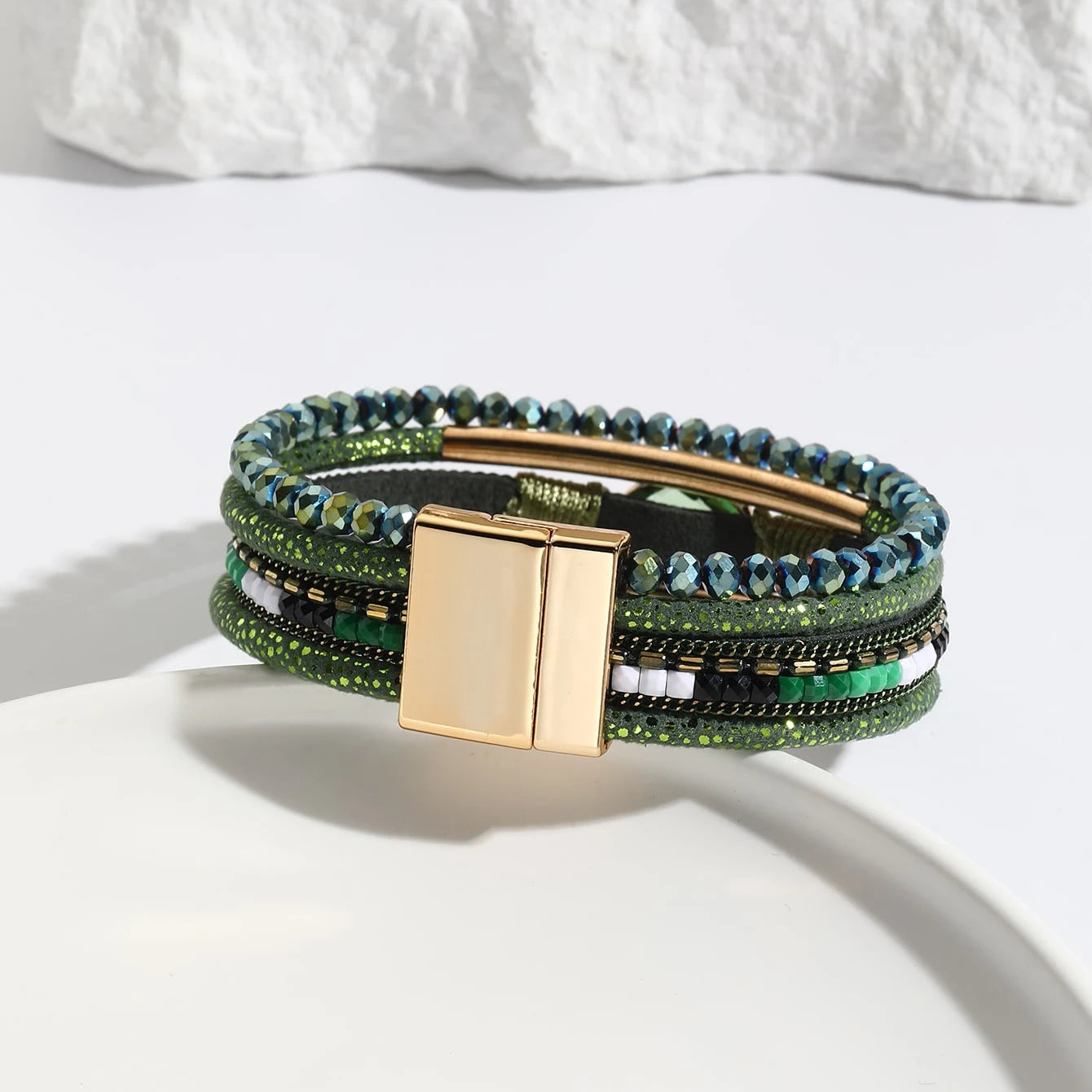 Crystal beaded leather bracelet in vibrant bohemian colors