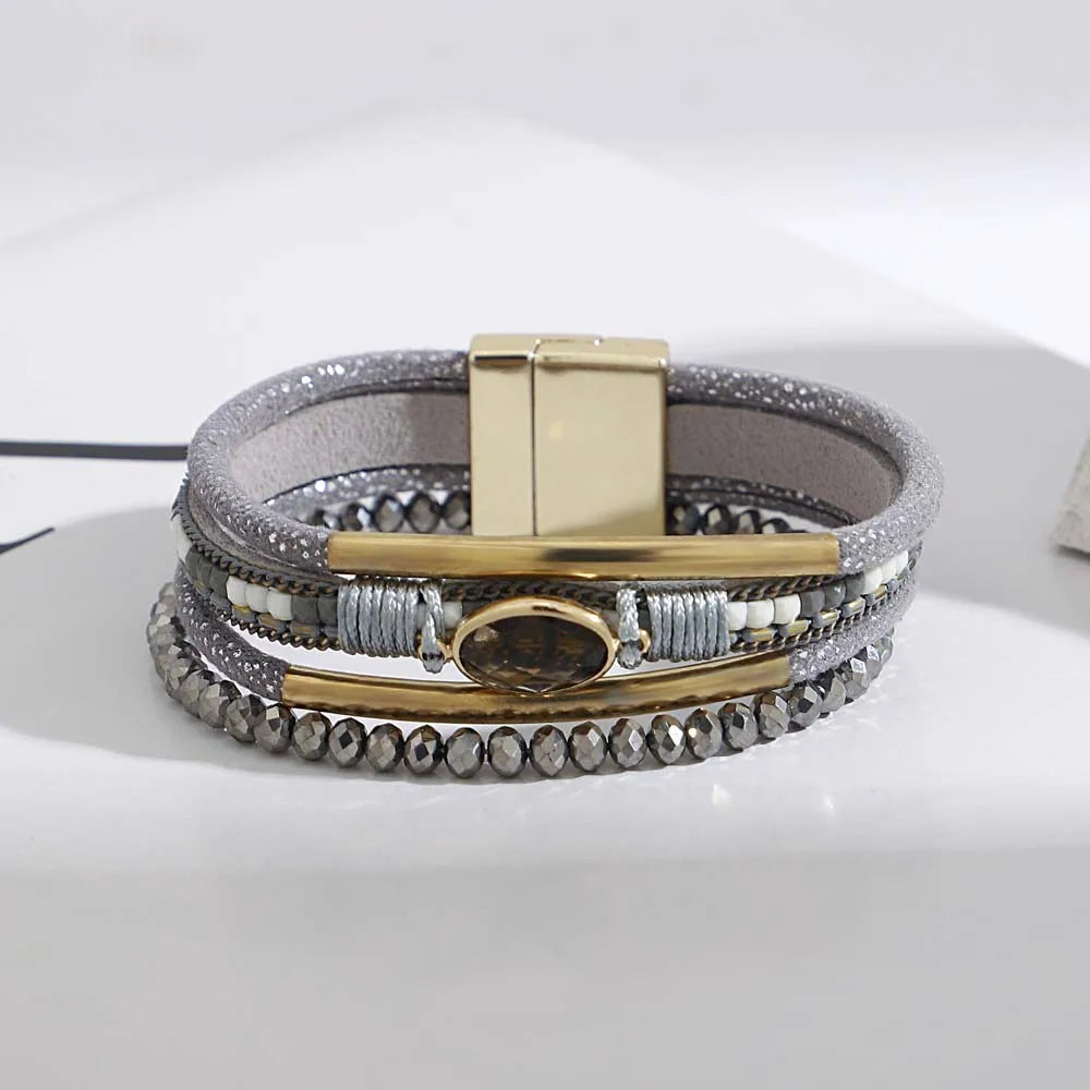 Crystal charm bracelet styled with casual outfit