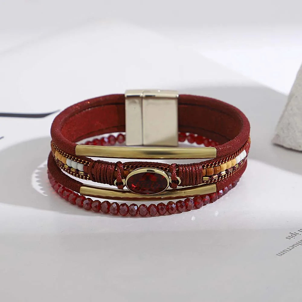 Detailed shot of rhinestones on leather wrap bracelet