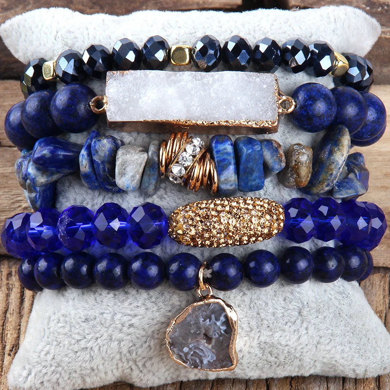 Earth-tone beaded bracelet stack with copper detailing