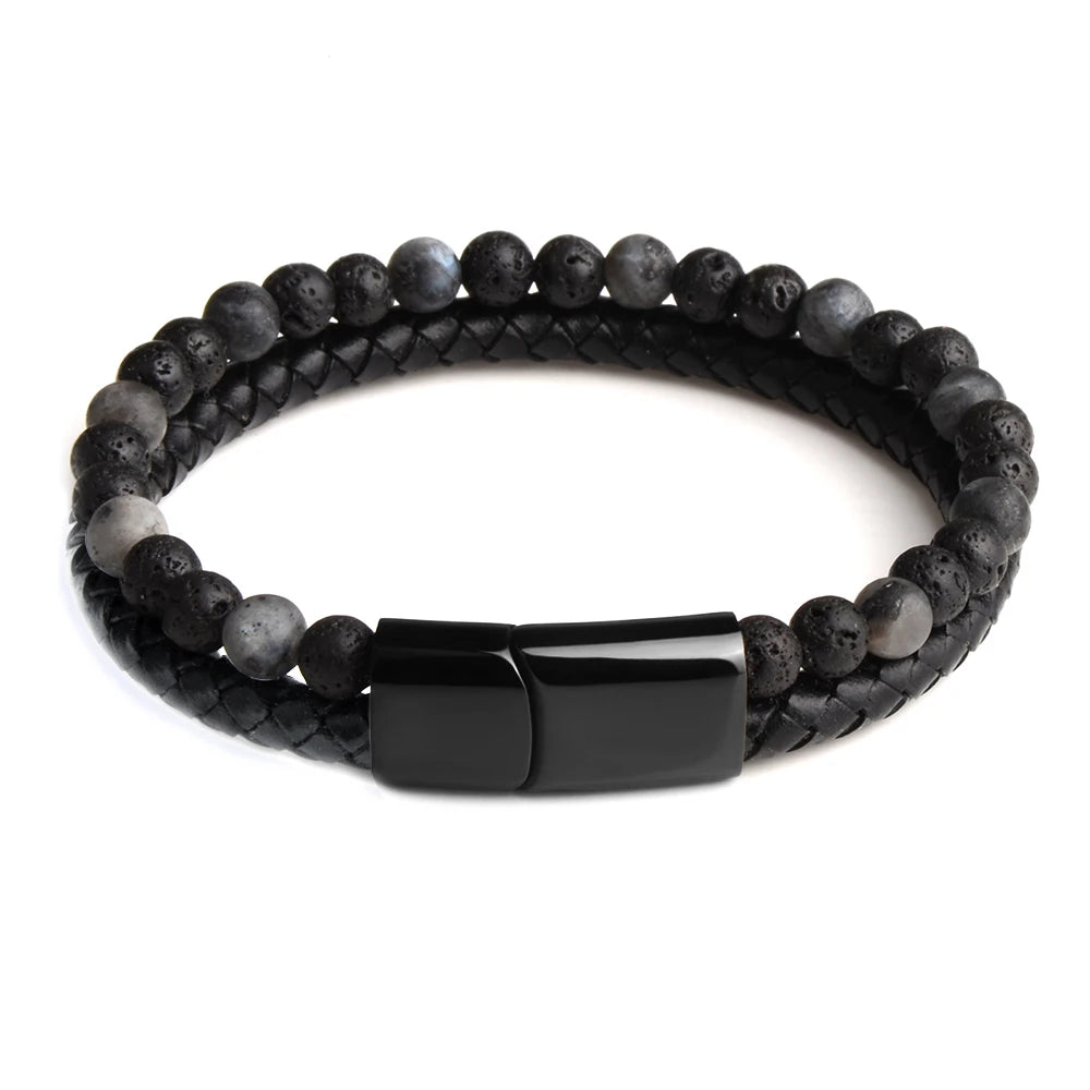 Earthy lava stone and braided leather close-up