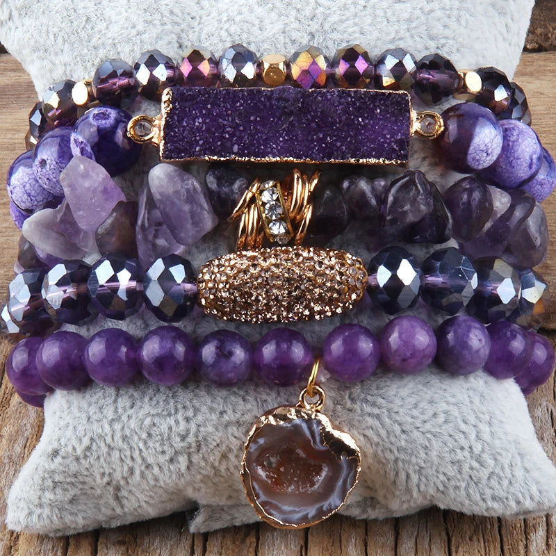 Elegant purple stacked bracelet set with natural stones