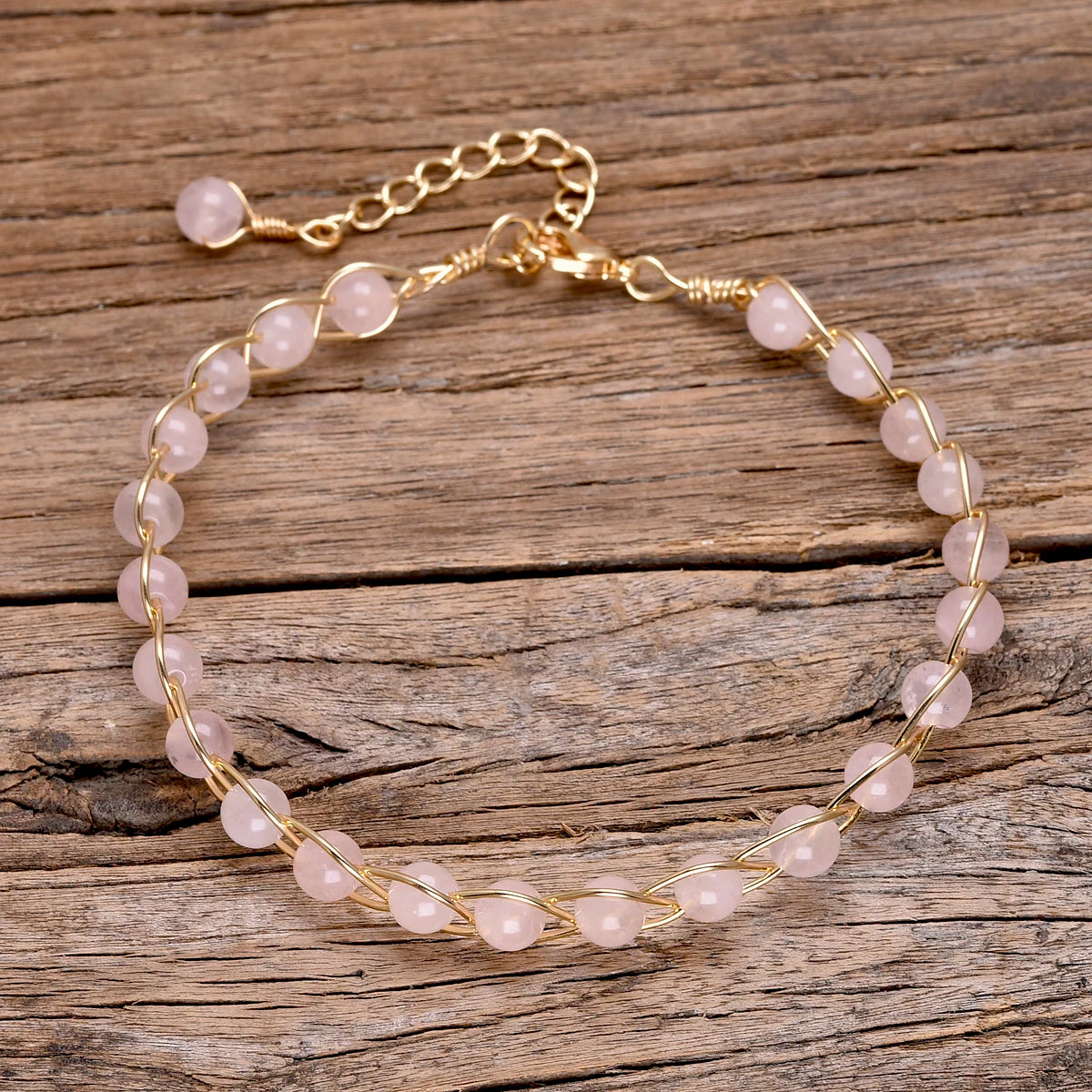 Elegant rose quartz bracelet with copper wire