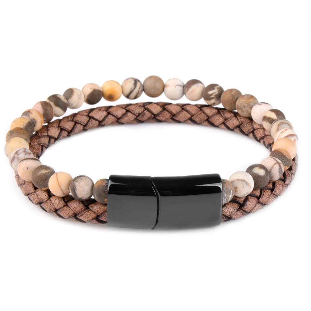 Flash Australian Zebra stone bracelet shining against textured leather