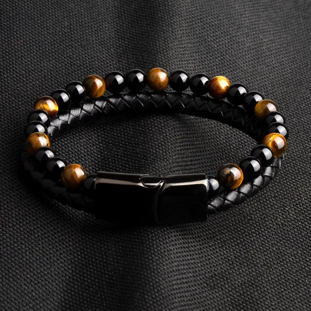 Flash stone and black leather men's bracelet close-up
