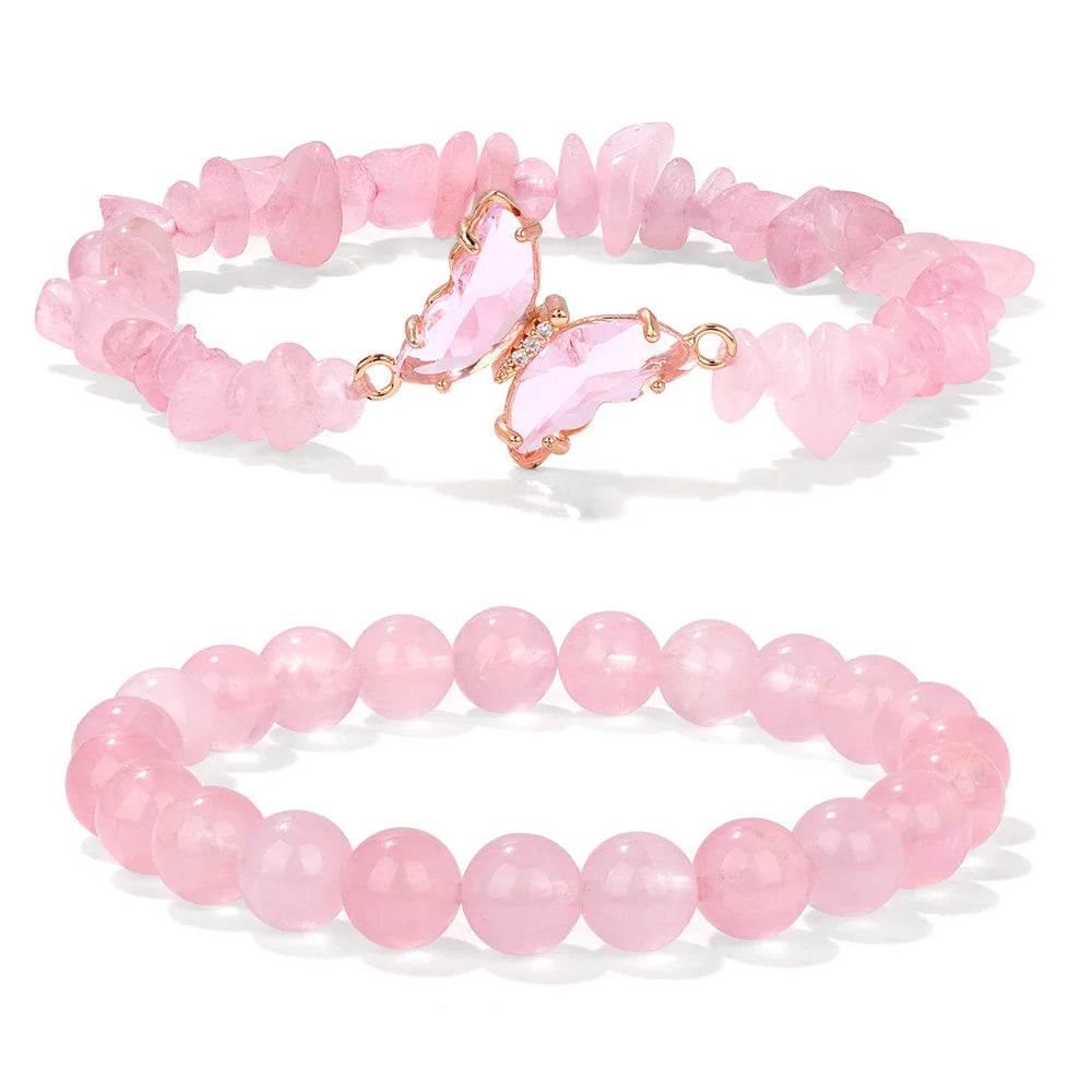 FlutterGrace bracelet set with amethyst and rose quartz stones