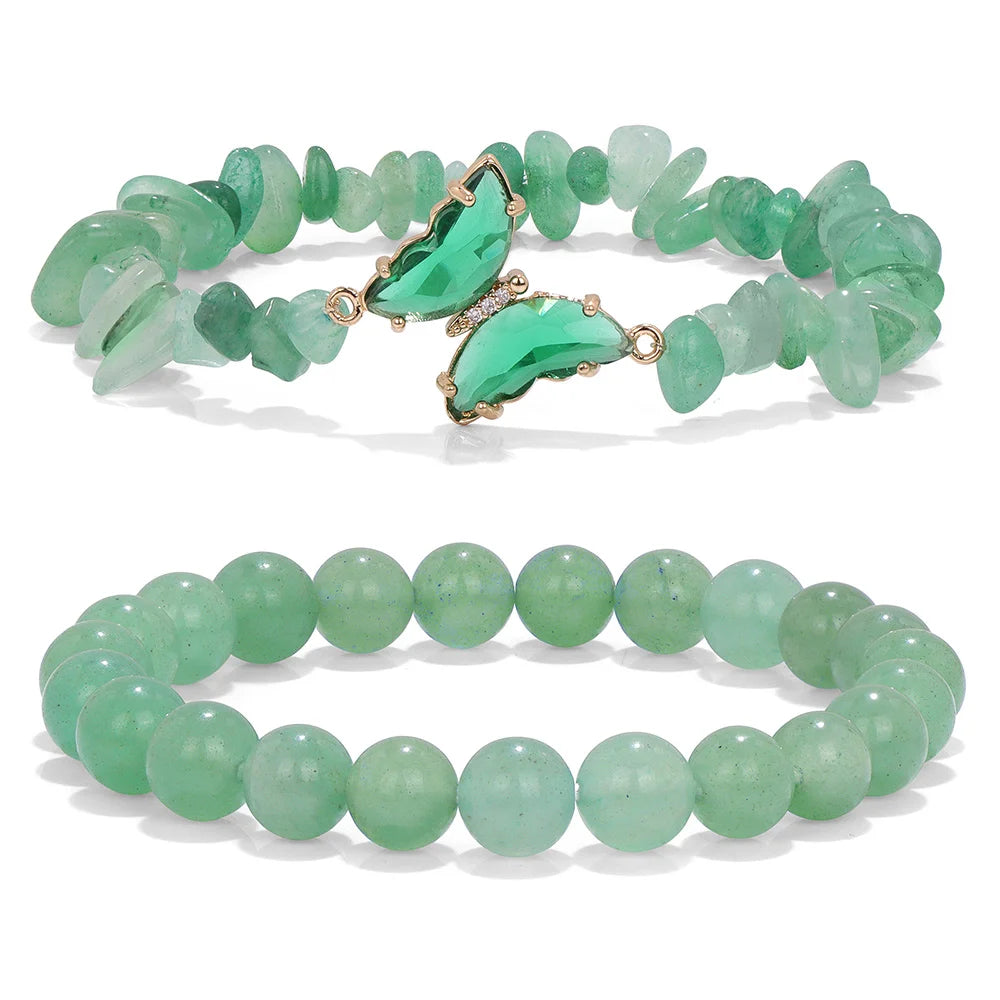 Green aventurine and blue amazonite layered bracelet on wrist