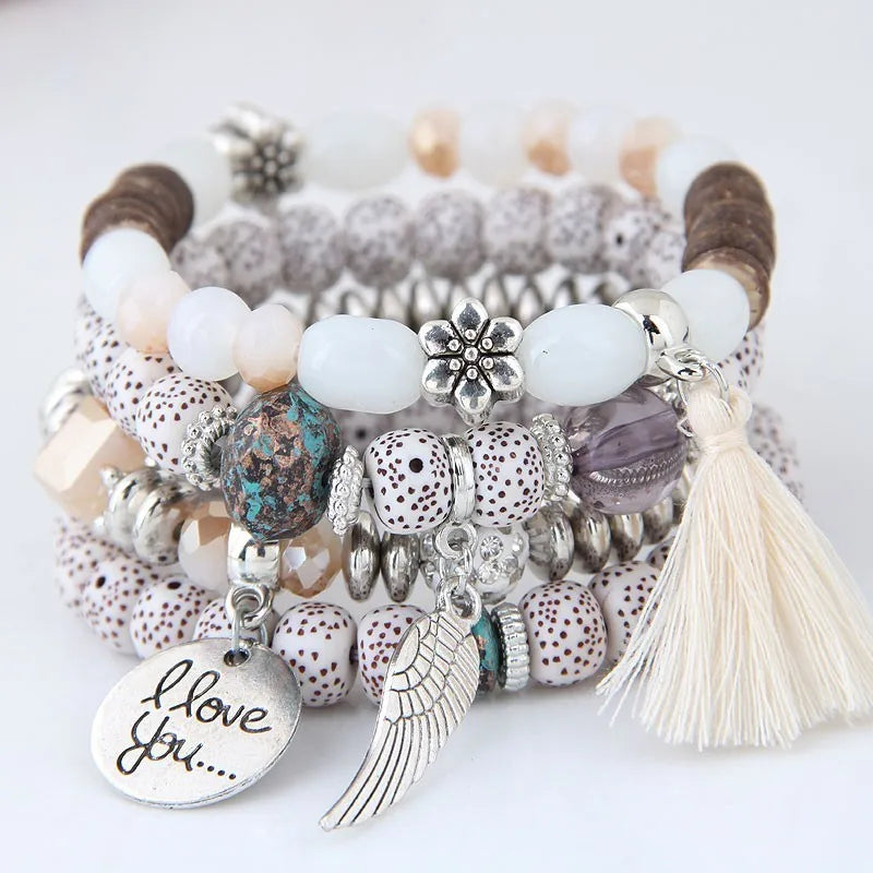 Boho Love Stack – 4-Piece Charm Wrap Bracelet Set