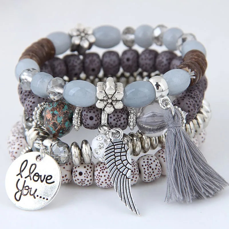 Boho Love Stack – 4-Piece Charm Wrap Bracelet Set