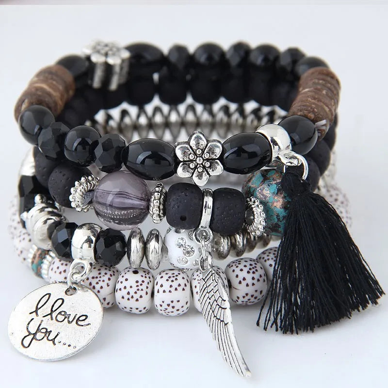 Boho Love Stack – 4-Piece Charm Wrap Bracelet Set