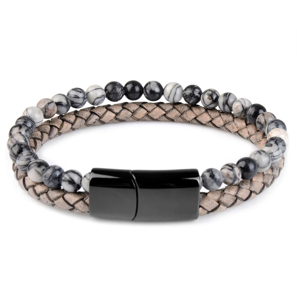 Healing Black grid bracelet stacked with leather cuff