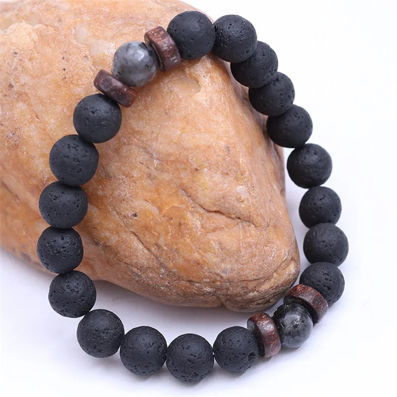 Lava rock strand bracelet with calming wood accents
