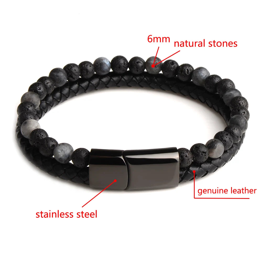 Matte lava stone beads on black braided leather