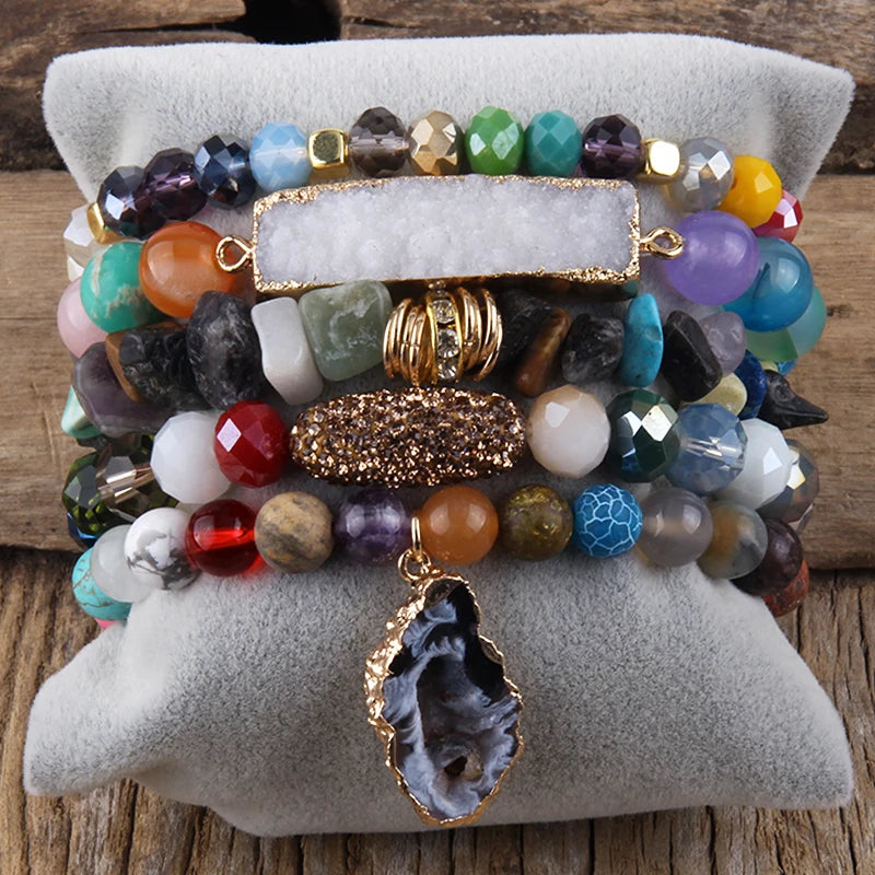 Multicolor gemstone bracelet set with layered crystal beads