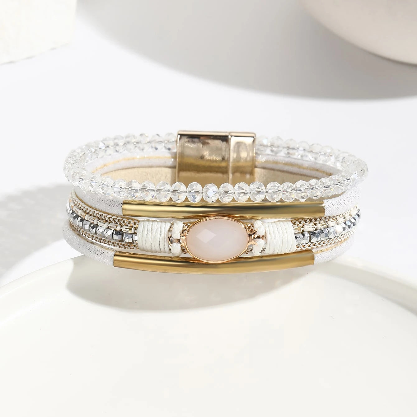 Multicolor leather bracelet with layered bead design