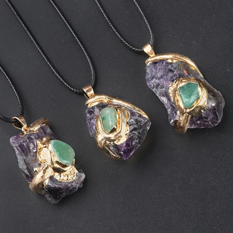 Natural amethyst crystal wrapped in gold wire pendant