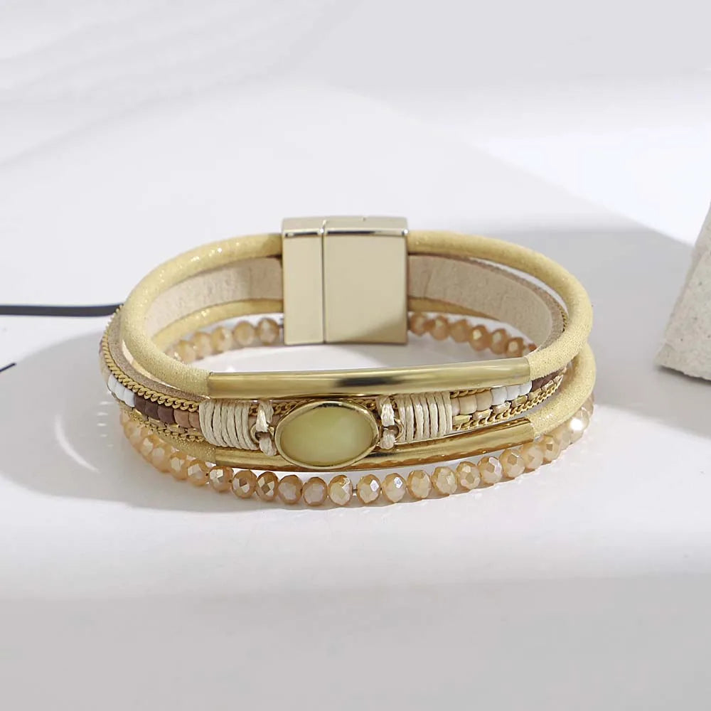 Natural leather bracelet with mood-enhancing crystal beads