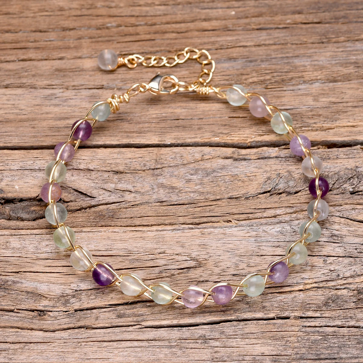 Natural stone fluorite bracelet on a woman’s wrist