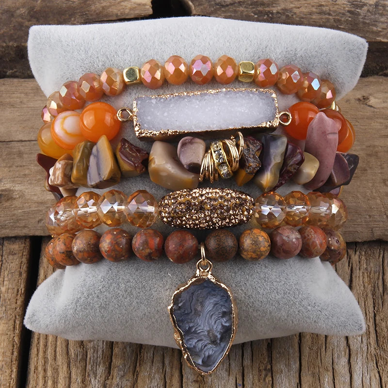 Orange gemstone bracelet set styled with fall outfit