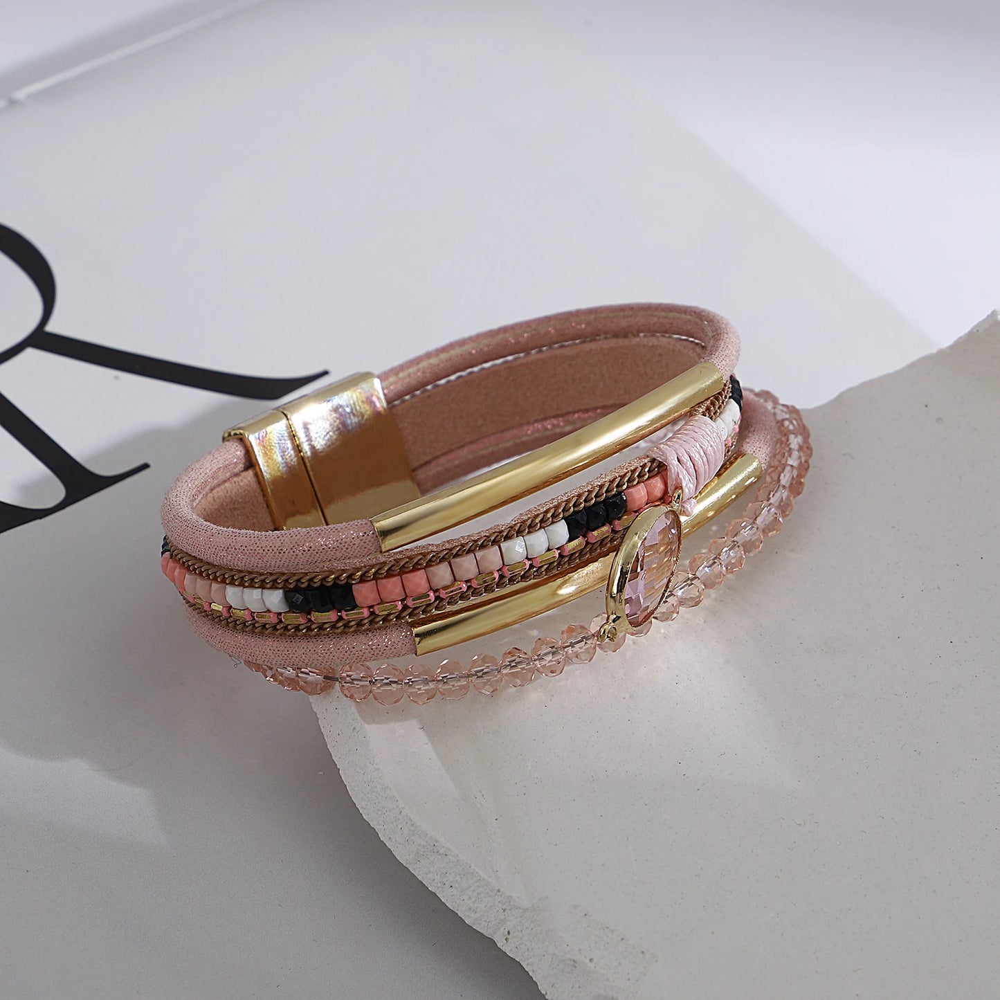 Pink boho leather wrap bracelet with sparkle detail