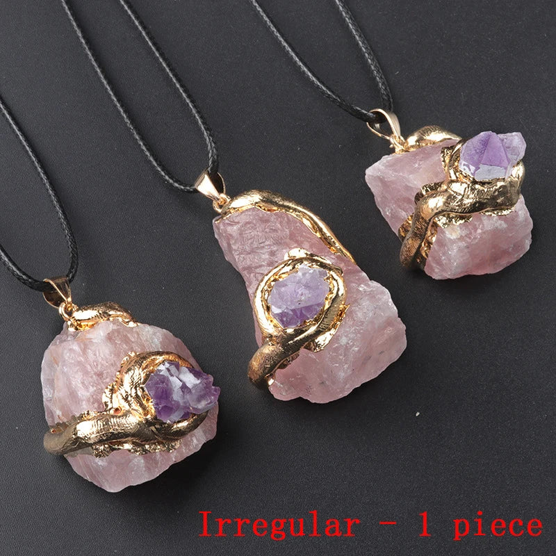 Pink crystal necklace with gold wire wrapping